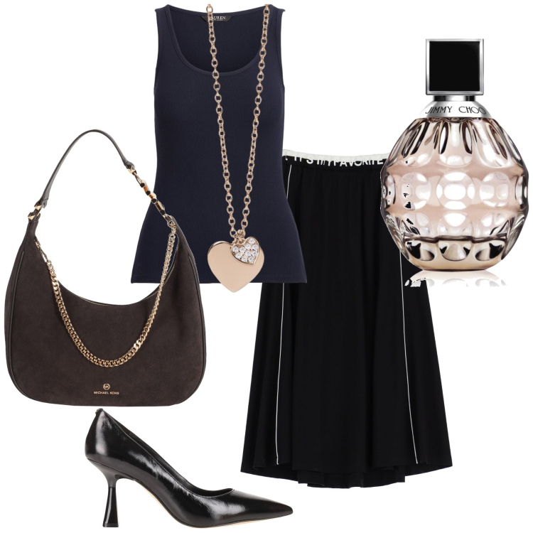 Outfit donna - Profumatissima. Stile Chic per Serata fuori. Abbinamento con décolleté, borse a spalla, profumi, ciondoli, gonne lunghe, canottiere.