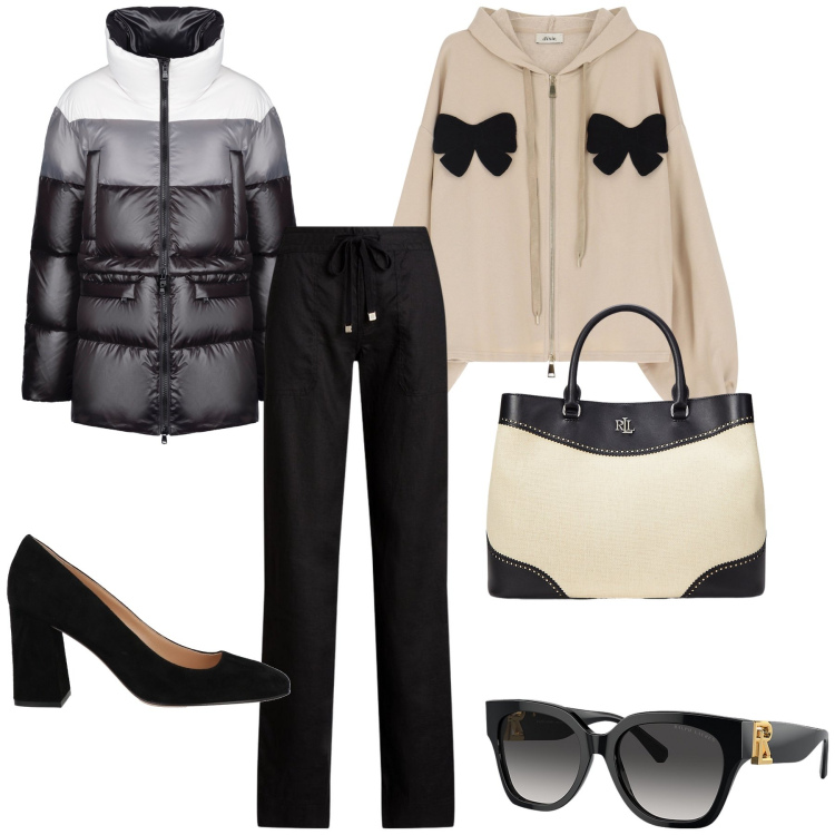 Outfit donna - Total look. Stile Urban per Tutti i giorni. Abbinamento con décolleté, piumini, felpe con cappuccio, pantaloni, occhiali da sole, borse a mano.