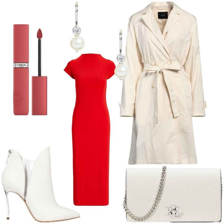 Outfit donna - Rosso di sera. Stile Chic per Serata fuori. Abbinamento con trench, stivaletti, rossetti, orecchini, vestiti, borse a tracolla.