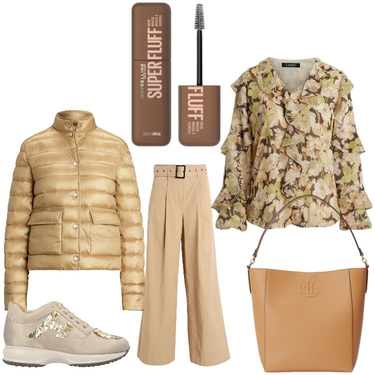Outfit donna - Delicatezze e fiori. Stile Casual chic per Serata fuori. Abbinamento con pantaloni, sneakers, mascara, piumini, borse a secchiello, camicie.