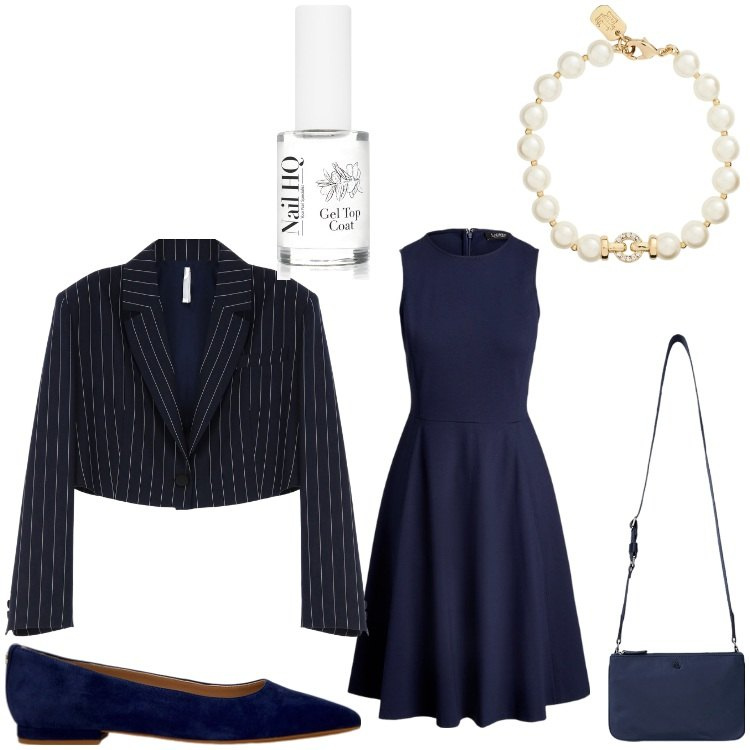 Outfit donna - Bianco bon ton. Stile Bon Ton per Serata fuori. Abbinamento con smalti, blazer, vestiti senza maniche, borse a tracolla, ballerine, braccialetti.