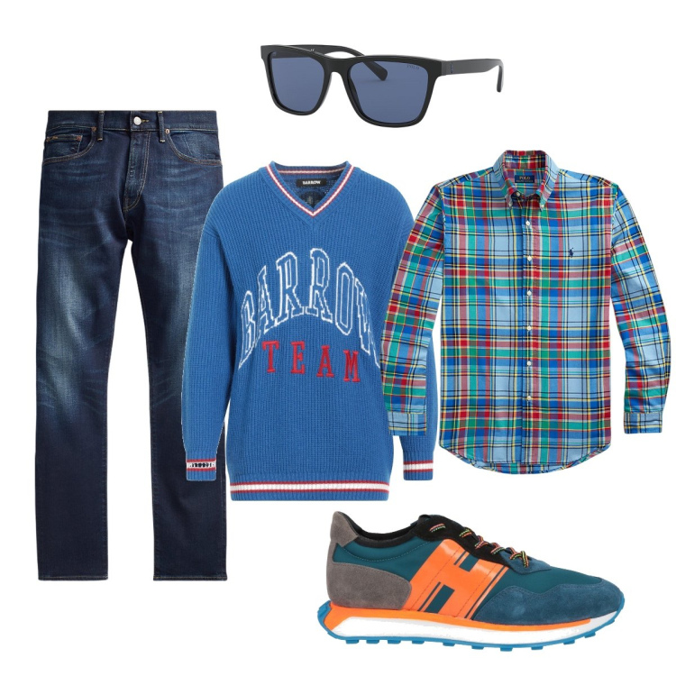 Outfit uomo - Total look #2062912. Stile Trendy per Tutti i giorni. Abbinamento con sneakers, pullovers, jeans, occhiali da sole, camicie.