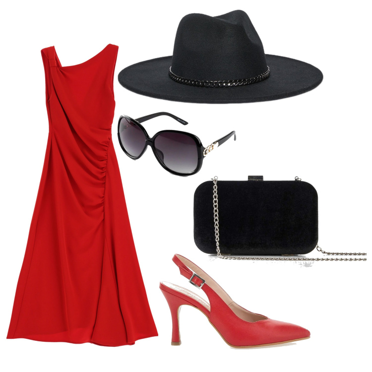 Outfit donna - Glamour rosso. Stile Chic per Cerimonia. Abbinamento con occhiali da sole, pochette, vestiti asimmetrici, décolleté, cappelli.