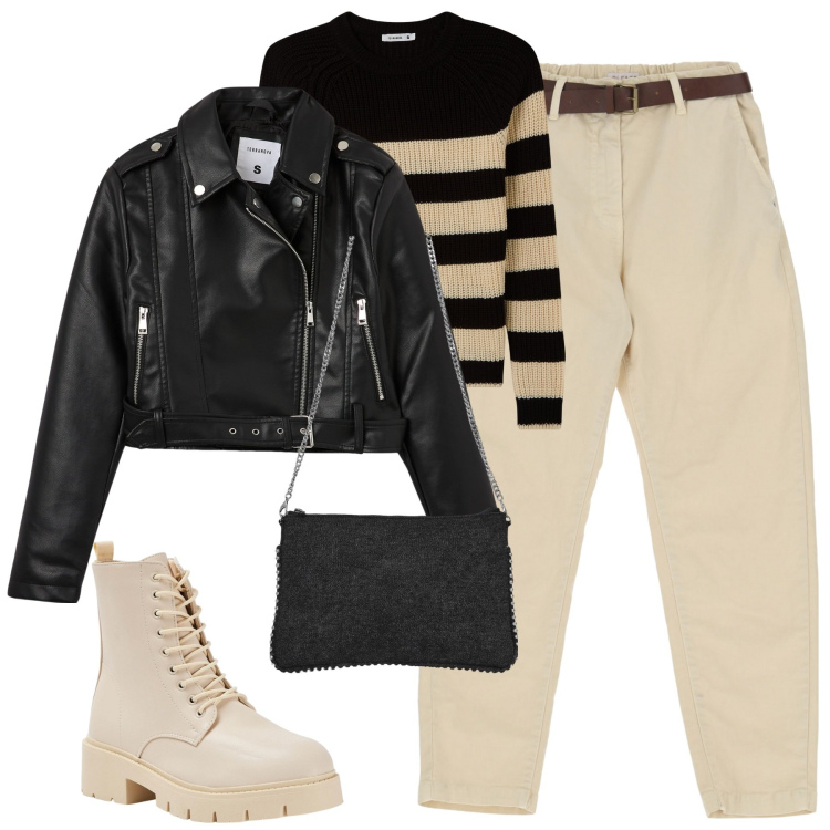 Outfit donna - Total look #2062920. Stile Casual per Tutti i giorni. Abbinamento con maglieria, anfibi, giacche, borse a tracolla, pantaloni.