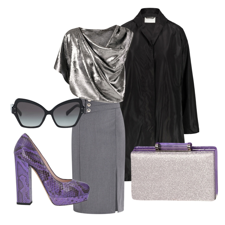 Outfit donna - Dettagli in lamè. Stile Chic per Serata fuori. Abbinamento con décolleté, occhiali da sole, gonne longuette, pochette, bluse, trench.