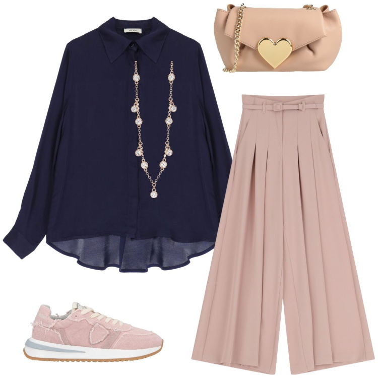 Outfit donna - Comodità. Stile Casual chic per Ufficio. Abbinamento con sneakers, borse a tracolla, collane, pantaloni, camicie.