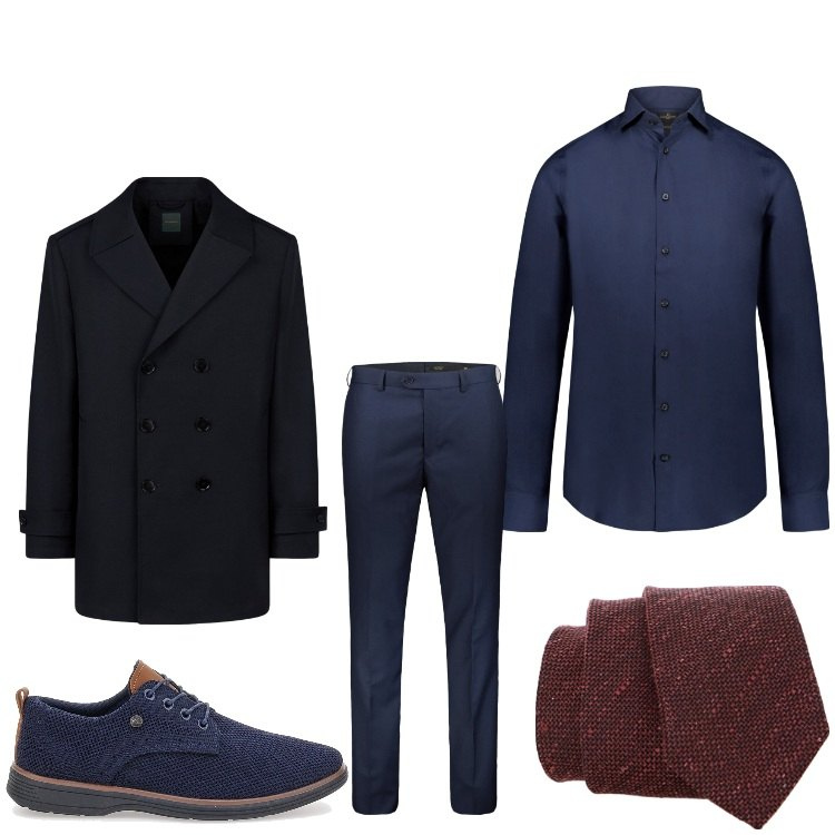 Outfit uomo - Serata blu. Stile Business/Elegante per Serata speciale. Abbinamento con cravatte, camicie, scarpe stringate, pantaloni, caban.