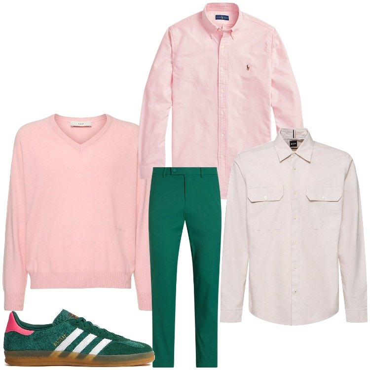 Outfit uomo - Rosa e verde. Stile Casual per Tutti i giorni. Abbinamento con camicie, pantaloni, pullovers, sneakers, giacche.