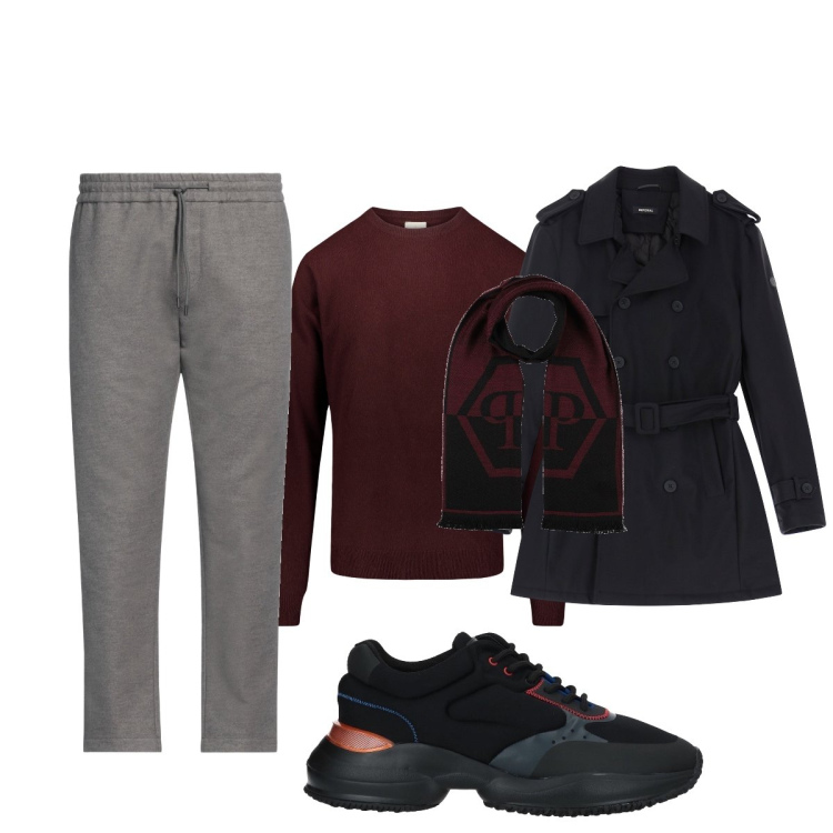 Outfit uomo - Total look #2062937. Stile Trendy per Tutti i giorni. Abbinamento con sneakers, pantaloni, sciarpe, trench, maglieria.