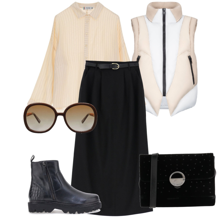Outfit donna - In città. Stile Urban per Tutti i giorni. Abbinamento con borse a tracolla, occhiali da sole, camicie, gonne lunghe, piumini, stivaletti.