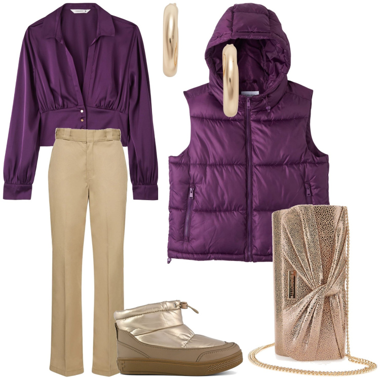 Outfit donna - Gold and violet. Stile Trendy per Serata fuori. Abbinamento con piumini, bluse, orecchini, pochette, pantaloni, stivaletti.