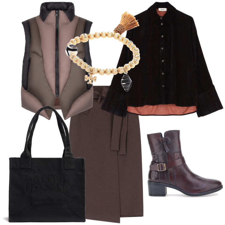 Outfit donna - Marrone. Stile Urban per Ufficio. Abbinamento con braccialetti, gonne longuette, camicie, piumini, stivaletti texani, shopping bag.