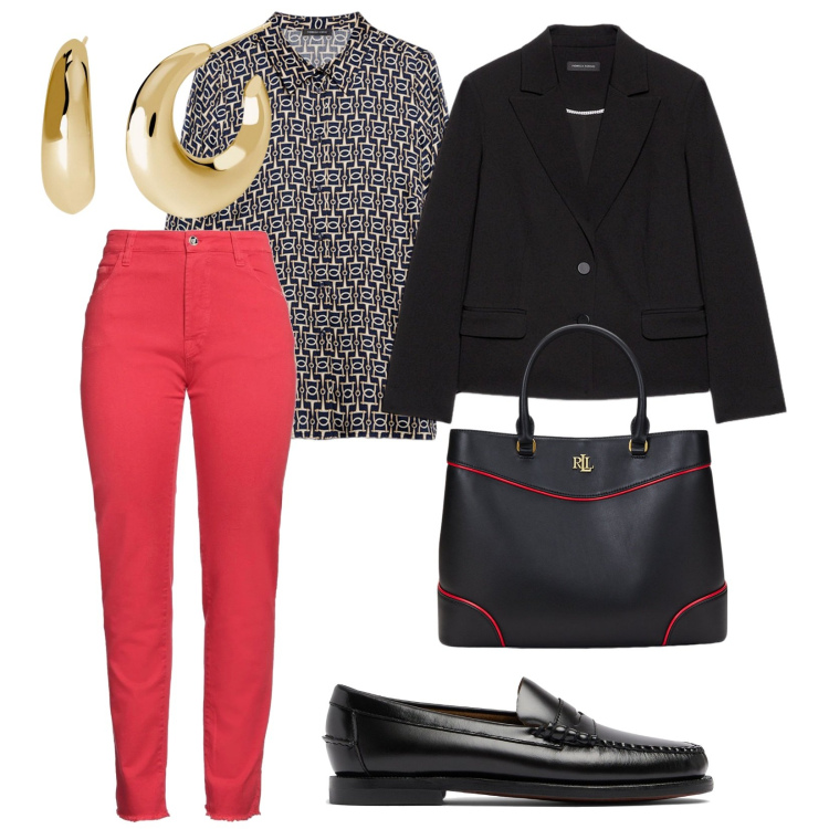 Outfit donna - In segreteria. per Ufficio. Abbinamento con pantaloni, orecchini, borse a mano, camicie, blazer, mocassini.