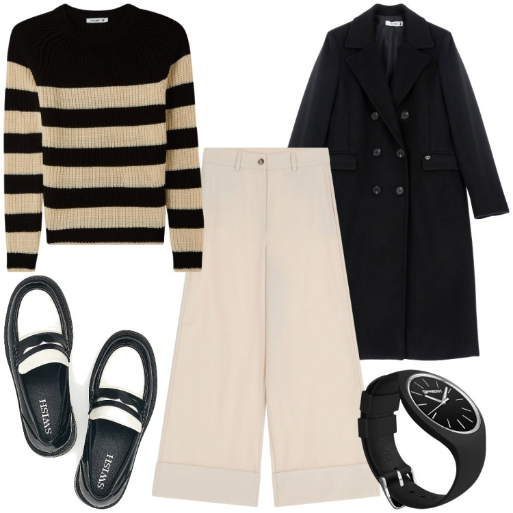 Outfit donna - In ufficio. Stile Urban per Tutti i giorni. Abbinamento con maglieria, cappotti, orologi, pantaloni, mocassini.