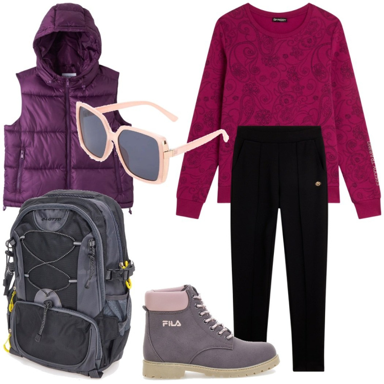 Outfit donna - Giornata in montagna. Stile Sporty chic per Tutti i giorni. Abbinamento con piumini, pantaloni, felpe, stivaletti, zaini, occhiali da sole.