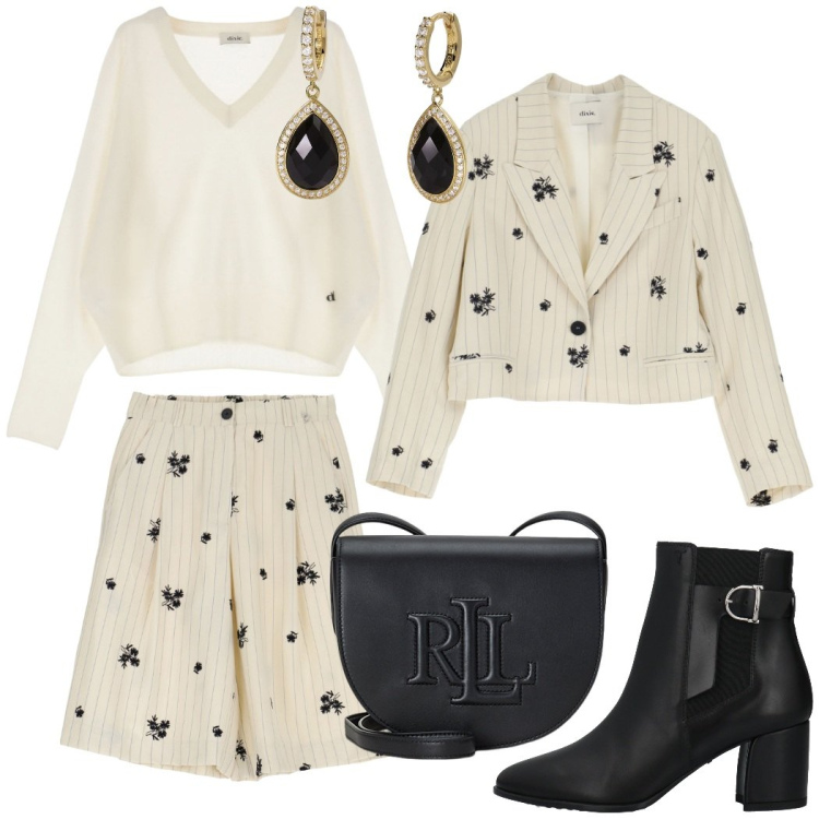 Outfit donna - Il completo col pantaloncino. Stile Chic per Tutti i giorni. Abbinamento con stivaletti, orecchini, blazer, bermuda, pullovers, borse a tracolla.