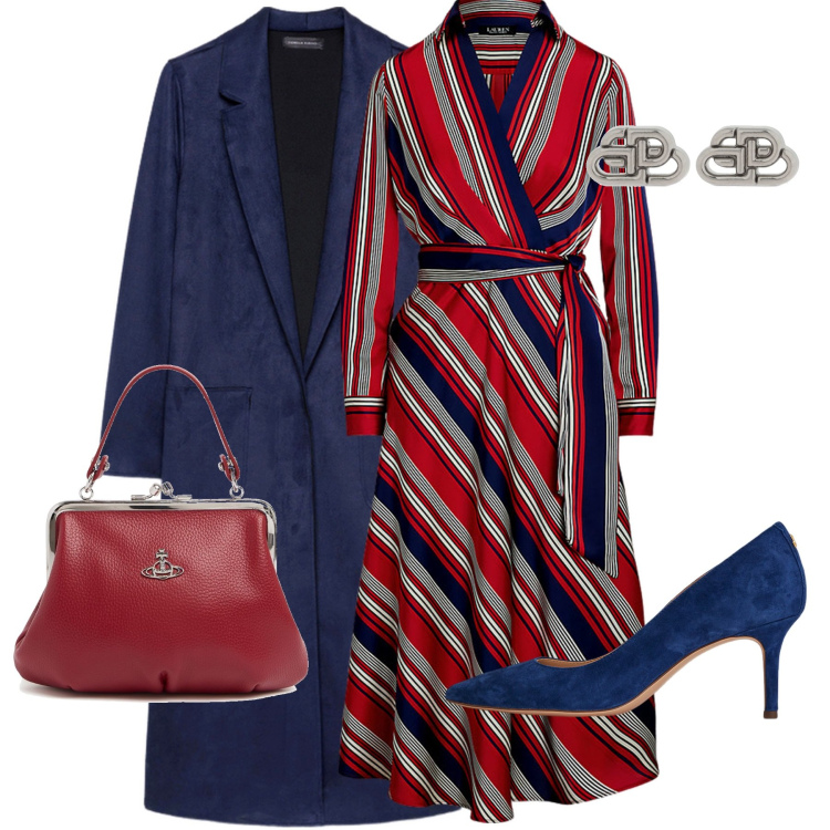 Outfit donna - Rosso e blu. Stile Chic per Cerimonia. Abbinamento con vestiti, décolleté, trench, borse a mano, orecchini.