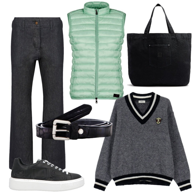 Outfit donna - All\' università. Stile Casual chic per Scuola/Università. Abbinamento con sneakers, cinture, pullovers, piumini, pantaloni, shopping bag.