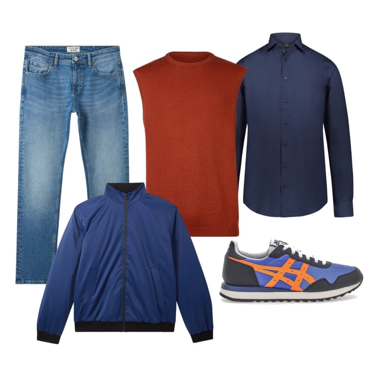 Outfit uomo - Il gilè rosso mattone. Stile Casual per Ufficio. Abbinamento con jeans, giacche, camicie, sneakers, gilet.