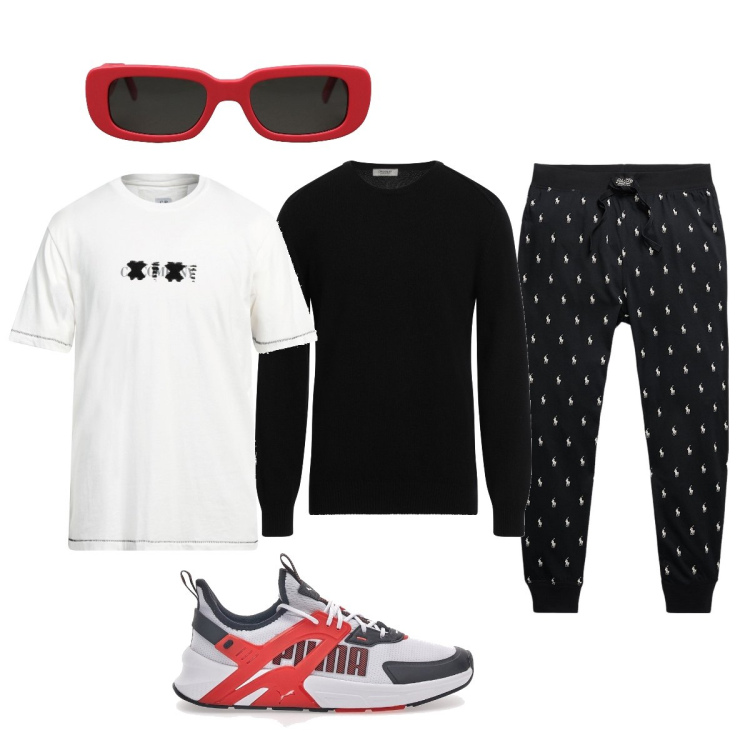 Outfit uomo - Gli occhiali originali. Stile Casual per Tutti i giorni. Abbinamento con occhiali da sole, t-shirt, pullovers, pantaloni, sneakers.