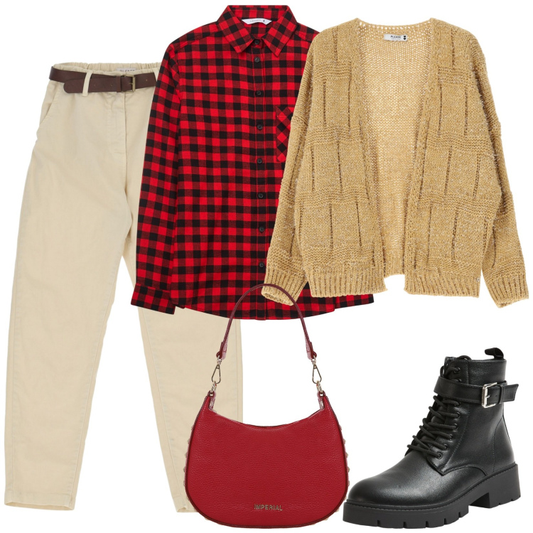 Outfit donna - Da boscaiolo. Stile Casual per Scuola/Università. Abbinamento con camicie, anfibi, cardigans, pantaloni, borse a spalla.