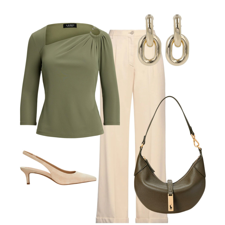 Outfit donna - Verde e panna. Stile Chic per Cerimonia. Abbinamento con pantaloni, borse a spalla, décolleté, top, orecchini.