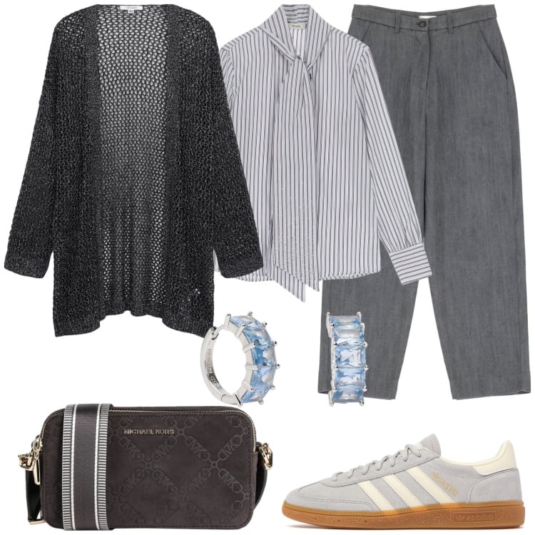 Outfit donna - Camicia a righe. Stile Casual chic per Tutti i giorni. Abbinamento con borse a tracolla, orecchini, kimono, pantaloni chino, camicie, sneakers.