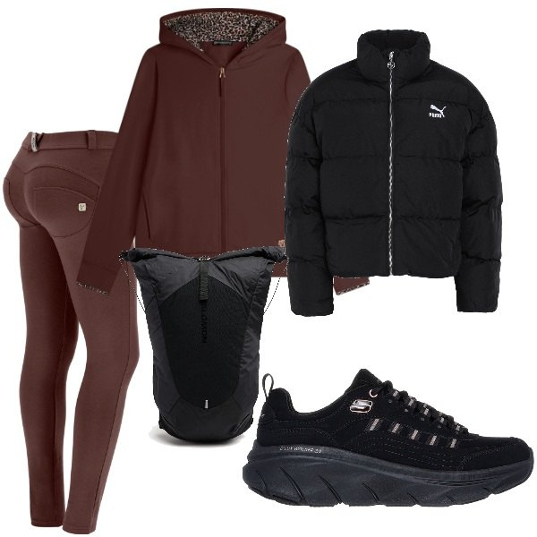 Outfit donna - Andiamo in palestra. Stile Basic per Sport. Abbinamento con piumini, felpe con cappuccio, pantaloni skinny, sneakers, zaini.