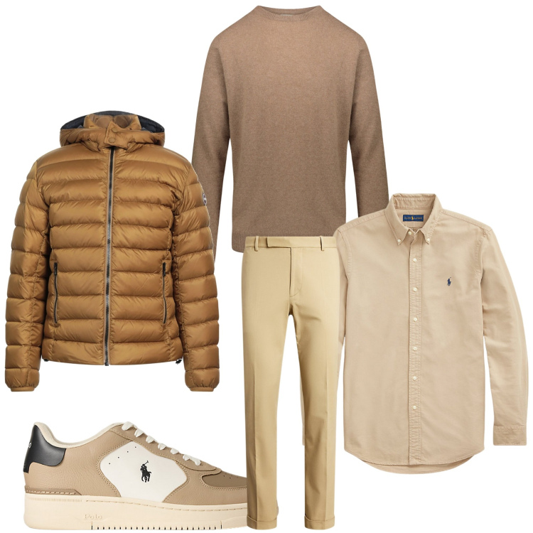 Outfit uomo - Marrone in febbraio. Stile Casual per Ufficio. Abbinamento con piumini, pantaloni chino, camicie, sneakers, maglieria.