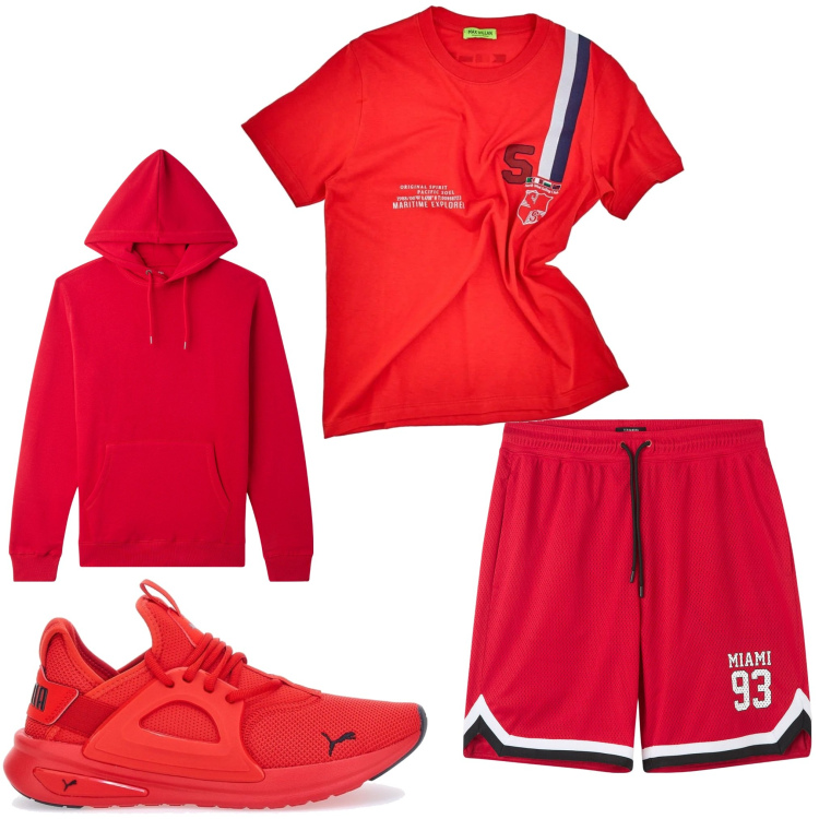 Outfit uomo - Rosso sport. Stile Casual per Sport. Abbinamento con felpe con cappuccio, bermuda, t-shirt, sneakers.