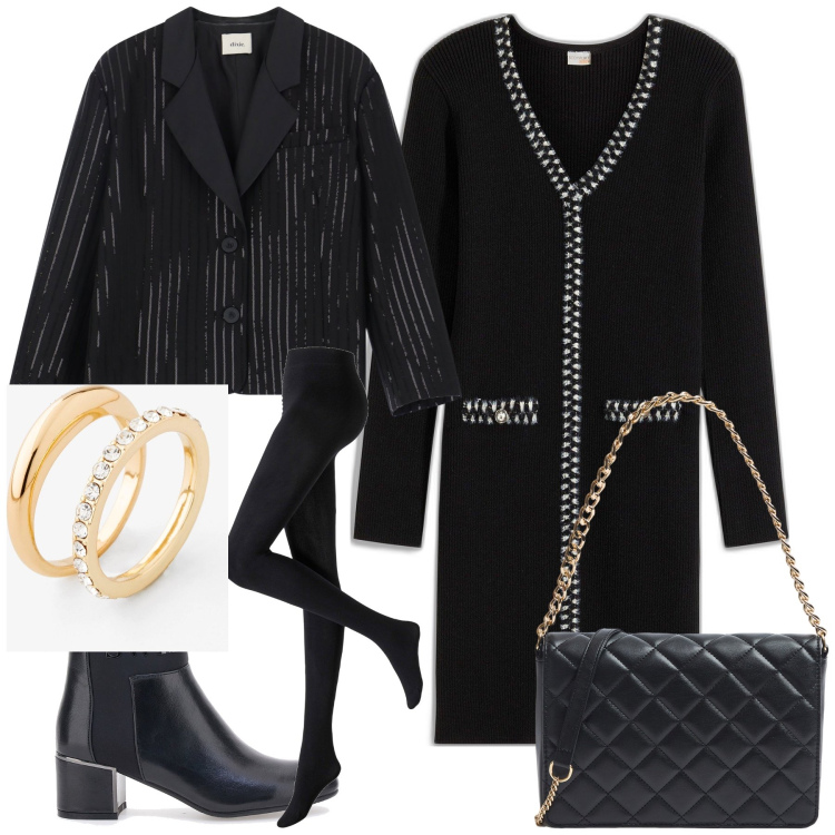 Outfit donna - Un tocco di oro. Stile Urban per Ufficio. Abbinamento con collant, anelli, vestiti, borse a tracolla, blazer, stivaletti.