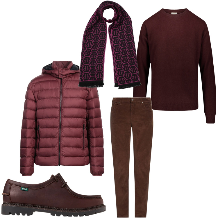 Outfit uomo - Borgogna. Stile Casual per Tutti i giorni. Abbinamento con pantaloni, piumini, sciarpe, scarpe stringate, maglieria.