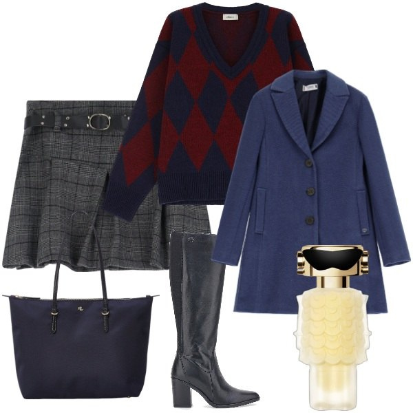 Outfit donna - A spasso per la città. Stile Casual chic per Cerimonia. Abbinamento con profumi, cappotti, pullovers, minigonne, borse tote, stivali sopra il ginocchio.
