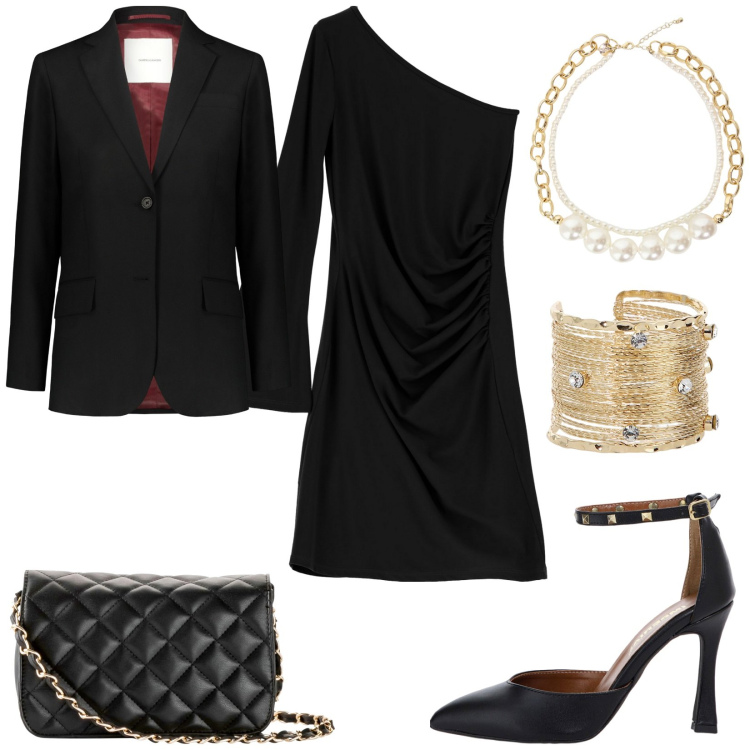 Outfit donna - Serata in discoteca. Stile Glamour per Serata fuori. Abbinamento con borse a tracolla, décolleté, vestiti asimmetrici, collane, braccialetti, blazer.