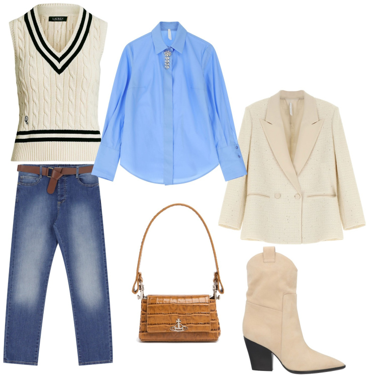 Outfit donna - Stille college. Stile Casual chic per Tutti i giorni. Abbinamento con stivaletti texani, camicie, blazer, jeans dritti, gilet, borse a spalla.