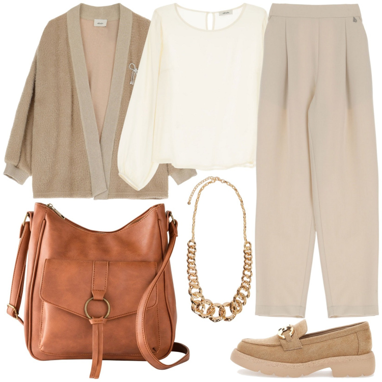 Outfit donna - Adatto sempre. Stile Casual chic per Tutti i giorni. Abbinamento con borse a tracolla, camicie, pantaloni, blazer, mocassini, collane.