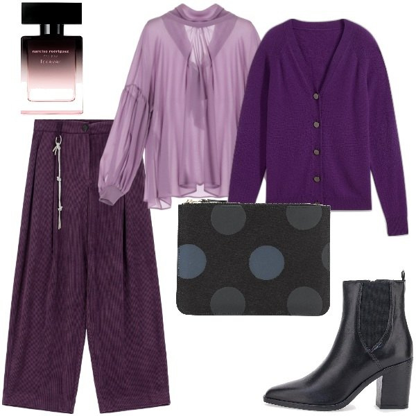 Outfit donna - Sfumature di colore. Stile Glamour per Serata fuori. Abbinamento con cardigans, pochette, profumi, pantaloni a palazzo, camicie, stivaletti.