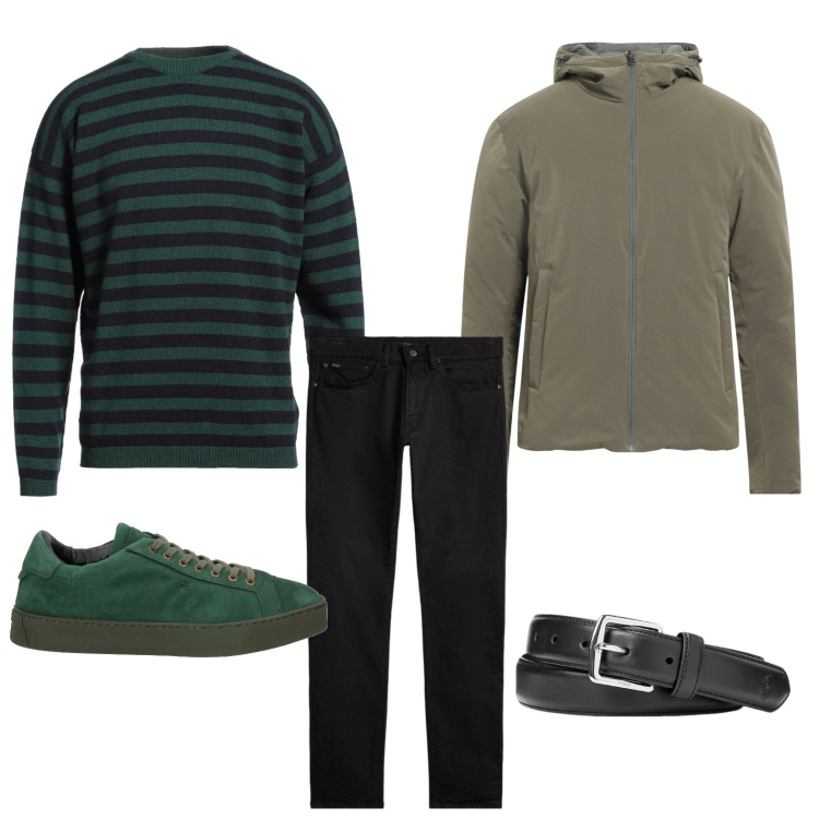 Outfit uomo - Declinazioni del verde. Stile Casual per Tutti i giorni. Abbinamento con sneakers, pullovers, piumini, cinture, jeans.