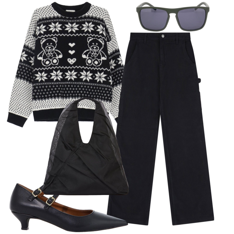 Outfit donna - Total look. Stile Urban per Tutti i giorni. Abbinamento con décolleté, pantaloni, maglieria, shopping bag, occhiali da sole.