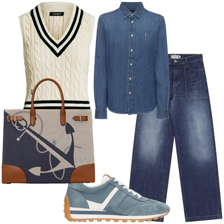 Outfit donna - Il gilet in maglia. Stile Sporty chic per Tutti i giorni. Abbinamento con jeans, sneakers, borse tote, gilet, camicie.