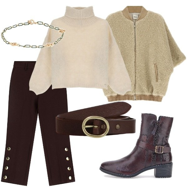 Outfit donna - Caffe con le amiche. Stile Casual per Tutti i giorni. Abbinamento con braccialetti, maglieria, pantaloni, bomber, cinture, stivaletti texani.