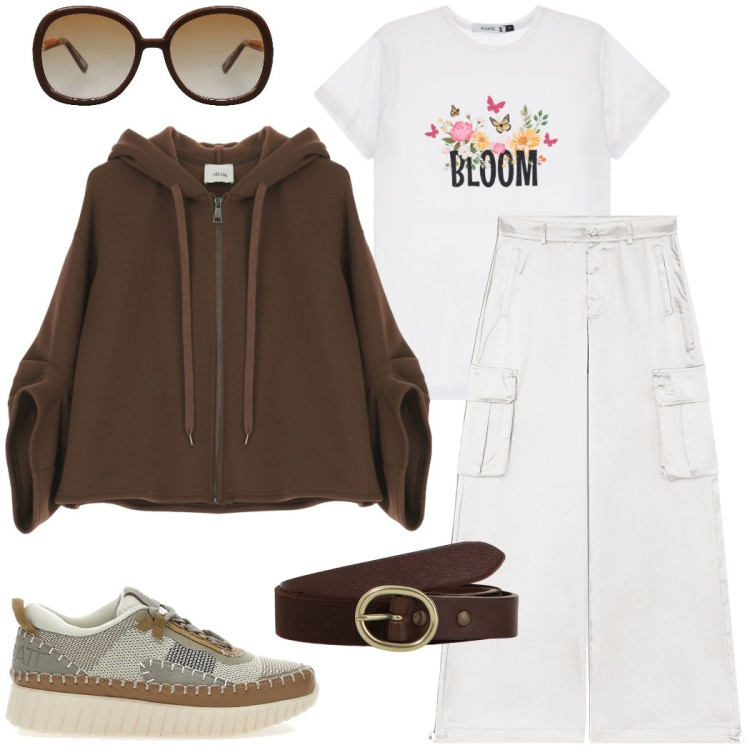 Outfit donna - Pomeriggio con gli amici. Stile Casual chic per Tutti i giorni. Abbinamento con occhiali da sole, t-shirt, felpe con cappuccio, cinture, pantaloni cargo, sneakers.