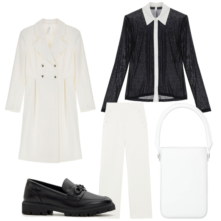 Outfit donna - Bianco e nero. Stile Casual chic per Ufficio. Abbinamento con mocassini, borse a mano, cappotti, camicie, pantaloni.