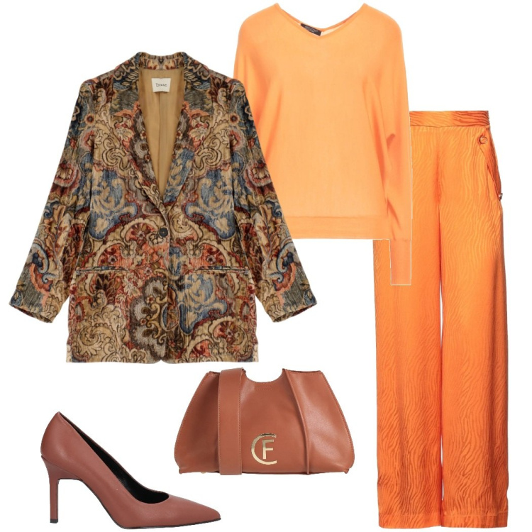 Outfit donna - Outfit colorati. Stile Casual chic per Serata fuori. Abbinamento con pullovers, pantaloni, décolleté, borse a tracolla, blazer.