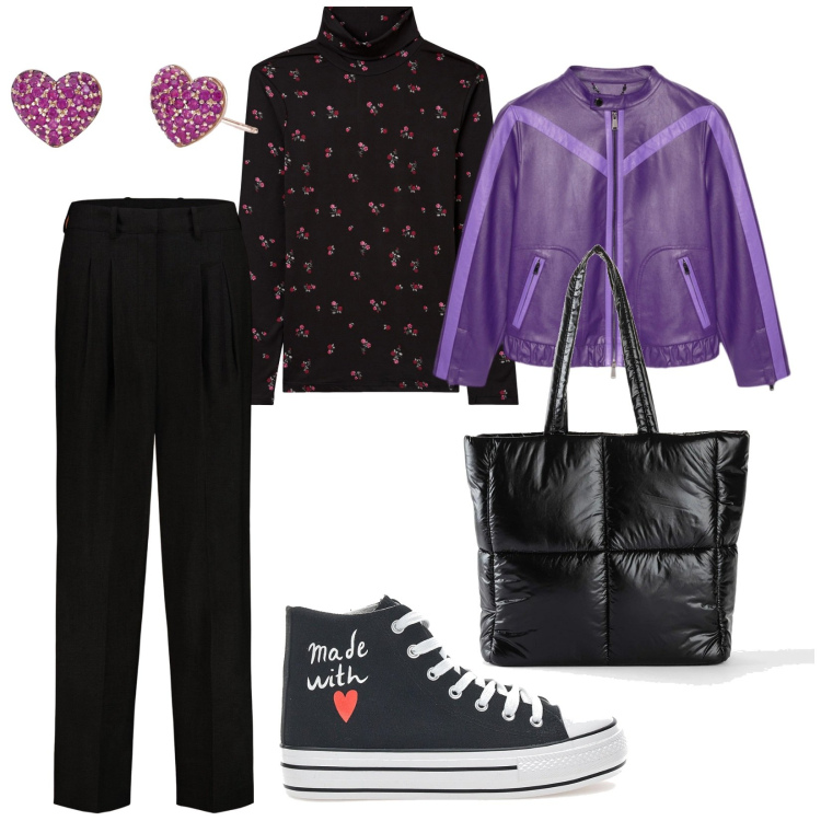 Outfit donna - Sportiva a lavoro. per Ufficio. Abbinamento con shopping bag, t-shirt, orecchini, sneakers, pantaloni, blazer.