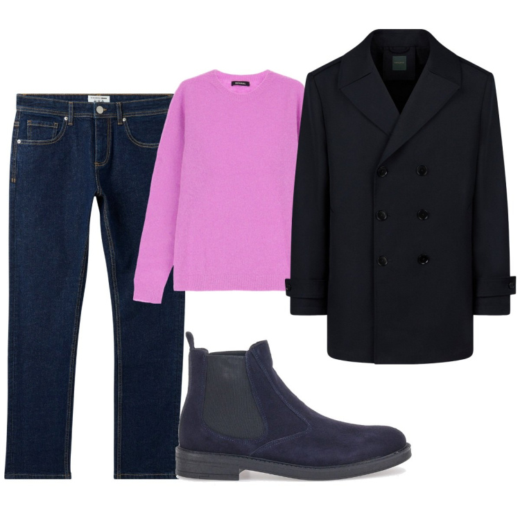 Outfit uomo - Blu e rosa. Stile Trendy per Tutti i giorni. Abbinamento con jeans, maglieria, stivali e stivaletti, caban.