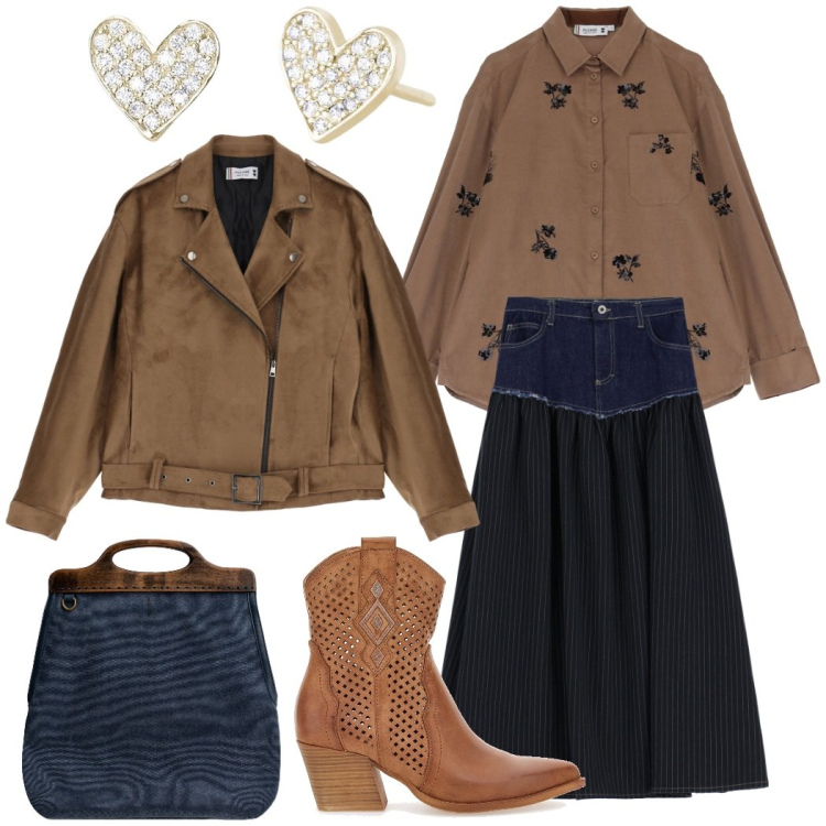 Outfit donna - Country style. Stile Casual chic per Tutti i giorni. Abbinamento con orecchini, camicie, gonne lunghe, blazer, borse a tracolla, stivaletti texani.