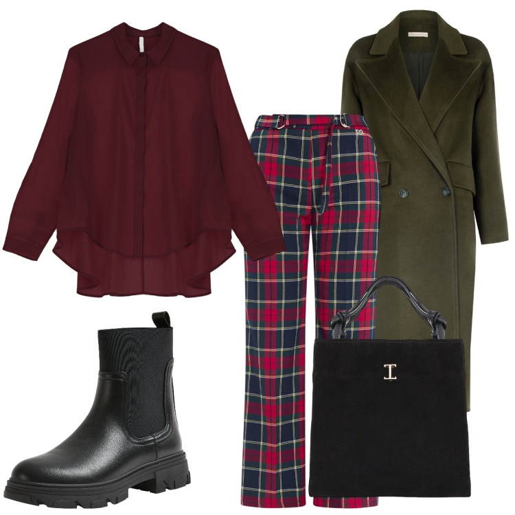 Outfit donna - Eleganza classica. Stile Casual chic per Ufficio. Abbinamento con stivaletti chelsea, cappotti, pantaloni, camicie, shopping bag.