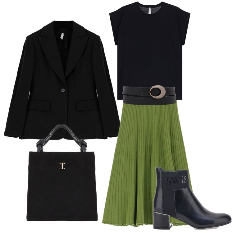Outfit donna - Stile Imperial. Stile Trendy per Serata fuori. Abbinamento con gonne longuette, blazer, shopping bag, top, stivaletti, cinture.