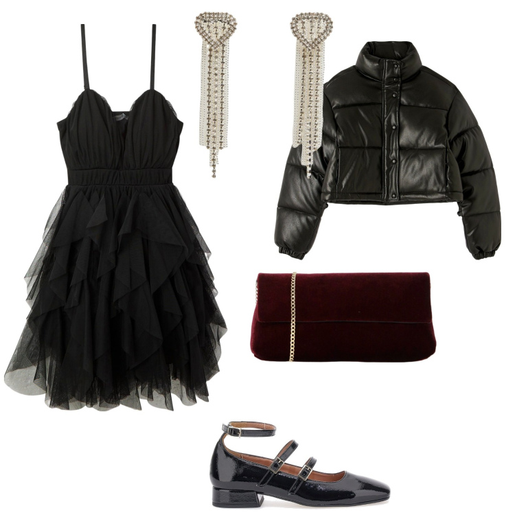 Outfit donna - Stasera si va a ballare. per Serata fuori. Abbinamento con vestiti corti, piumini, orecchini, pochette, ballerine.